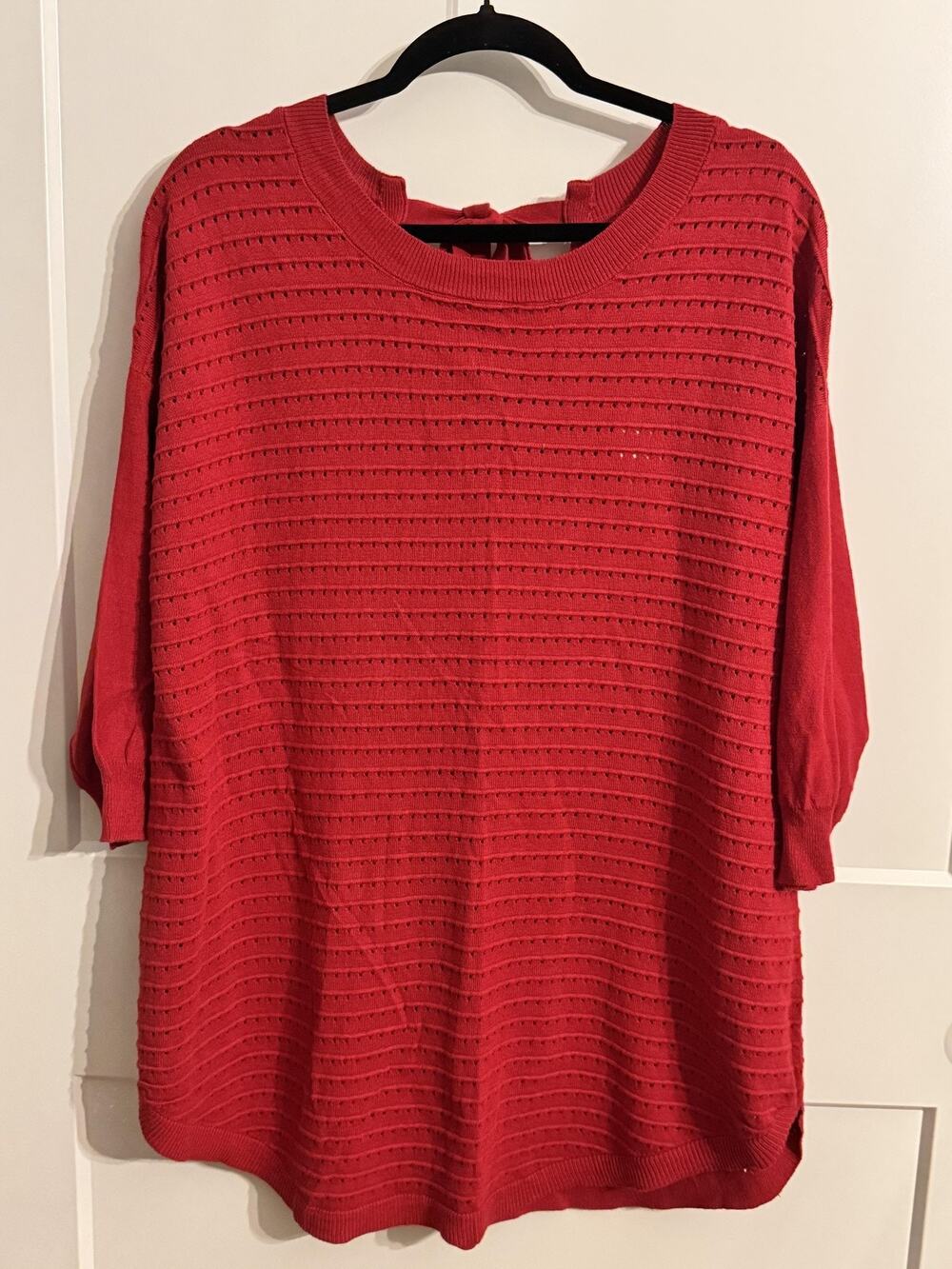 New York & Company Sweater Womens XL Red Open Knit Bow Back 3/4 Sleeve Pullover